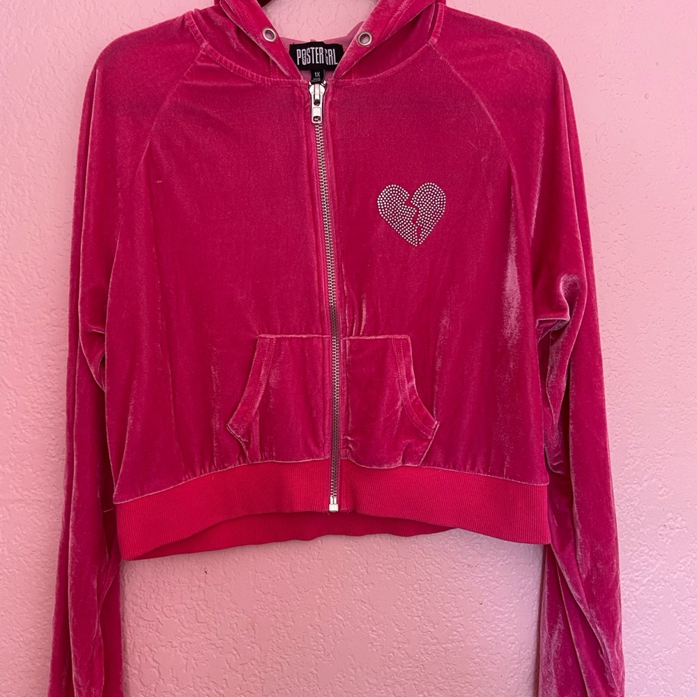 Poster Grl Pink Velour Rhinestone Heart Zip-Up Hoodie — Size 1X